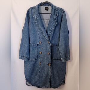 Forever 21 Blue Denim Double-Breasted Long Coat Size L